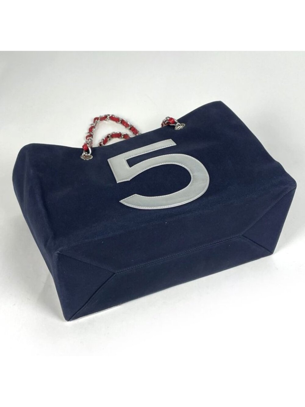 Chanel CC Logo Chain Tote No5 Choco Bar Canvas Navy Silver - Picture 2 of 10